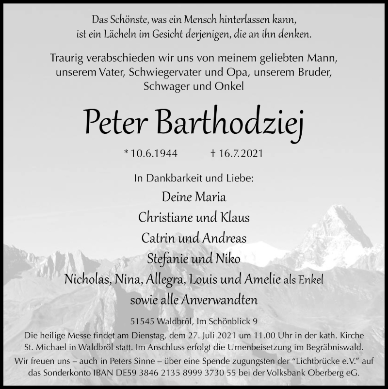  Traueranzeige für Peter Barthodziej vom 23.07.2021 aus  Lokalanzeiger 