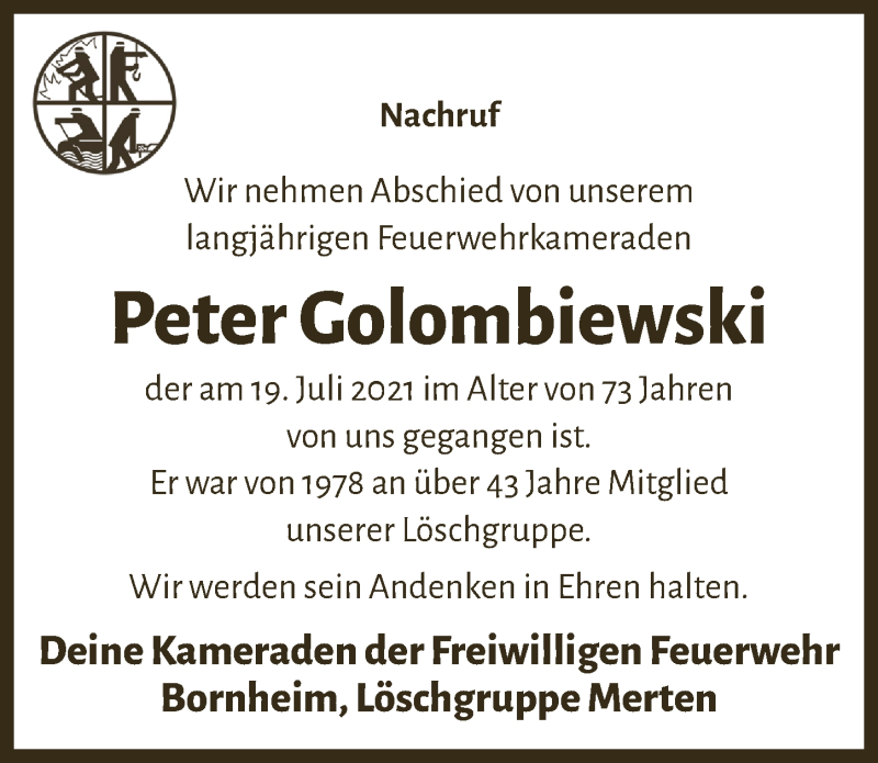 Traueranzeige für Peter Golombiewski vom 30.07.2021 aus  Schlossbote/Werbekurier 