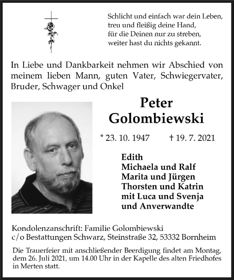  Traueranzeige für Peter Golombiewski vom 23.07.2021 aus  Schlossbote/Werbekurier 