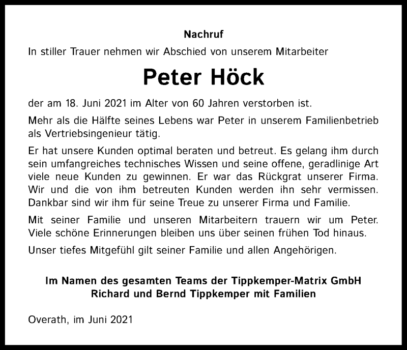  Traueranzeige für Peter Höck vom 03.07.2021 aus Kölner Stadt-Anzeiger / Kölnische Rundschau / Express