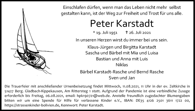  Traueranzeige für Peter Karstadt vom 31.07.2021 aus Kölner Stadt-Anzeiger / Kölnische Rundschau / Express