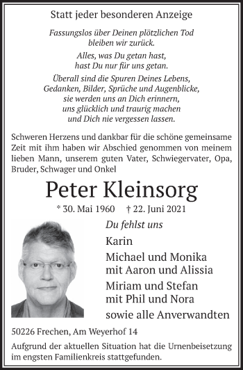 Anzeige von Peter Kleinsorg von  Wochenende 
