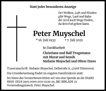 Anzeige von Peter Muyschel von Kölner Stadt-Anzeiger / Kölnische Rundschau / Express