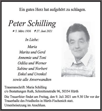 Anzeige von Peter Schilling von  Wochenende  Schlossbote/Werbekurier 