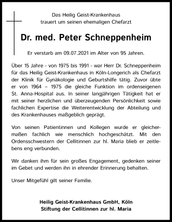 Anzeige von Peter Schneppenheim von Kölner Stadt-Anzeiger / Kölnische Rundschau / Express
