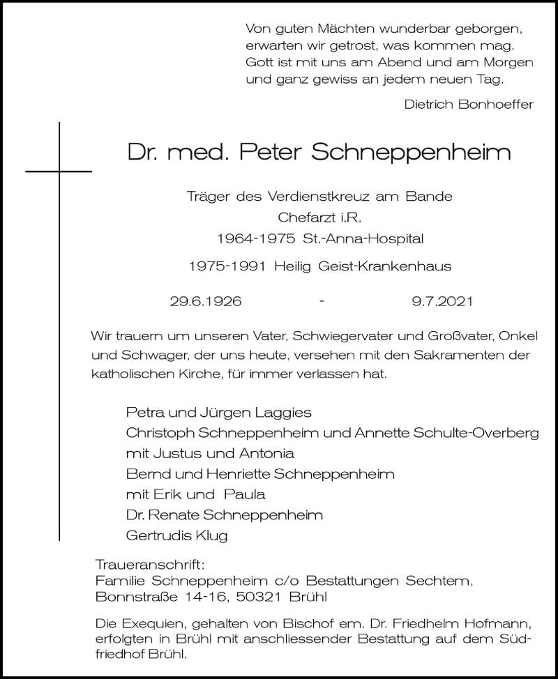  Traueranzeige für Peter Schneppenheim vom 30.07.2021 aus  Schlossbote/Werbekurier 