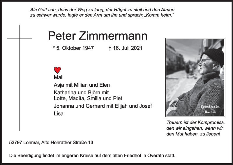  Traueranzeige für Peter Zimmermann vom 21.07.2021 aus Kölner Stadt-Anzeiger / Kölnische Rundschau / Express