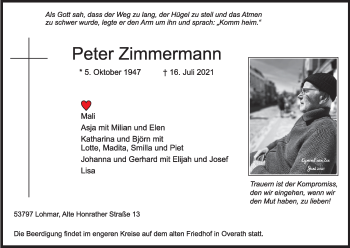 Anzeige von Peter Zimmermann von Kölner Stadt-Anzeiger / Kölnische Rundschau / Express