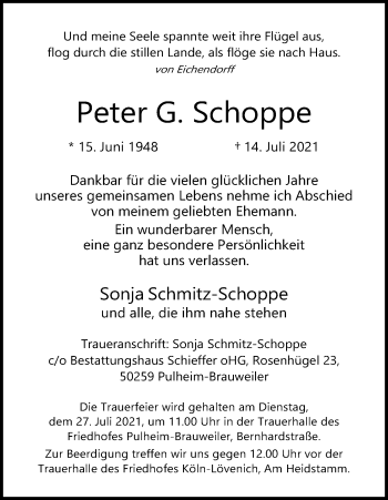 Anzeige von Peter G. Schoppe von Kölner Stadt-Anzeiger / Kölnische Rundschau / Express