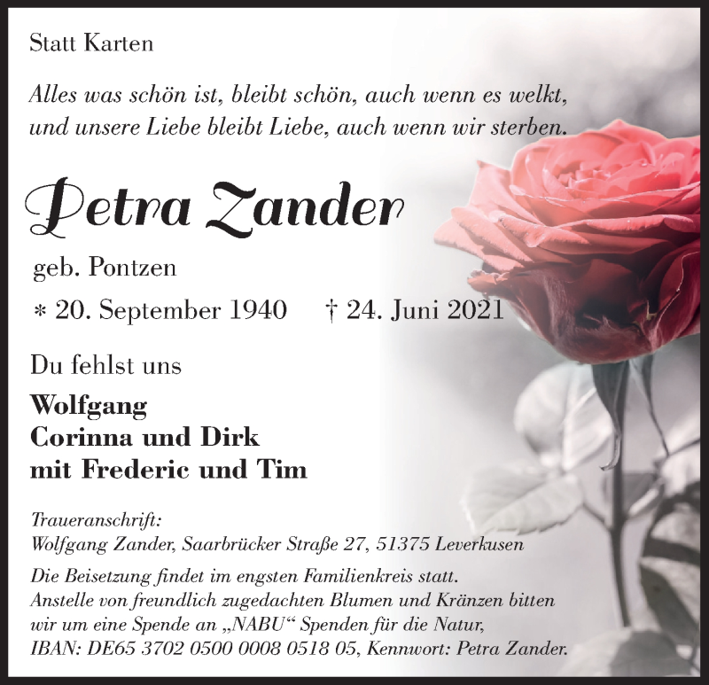  Traueranzeige für Petra Zander vom 03.07.2021 aus Kölner Stadt-Anzeiger / Kölnische Rundschau / Express