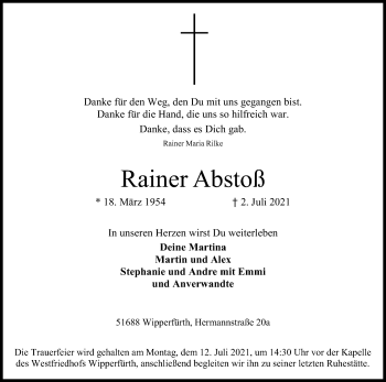 Anzeige von Rainer Abstoß von Kölner Stadt-Anzeiger / Kölnische Rundschau / Express