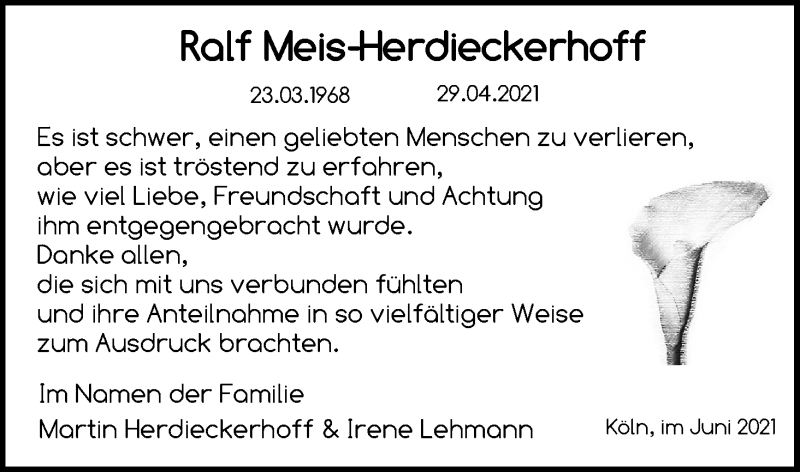  Traueranzeige für Ralf Meis-Herdieckerhoff vom 03.07.2021 aus Kölner Stadt-Anzeiger / Kölnische Rundschau / Express