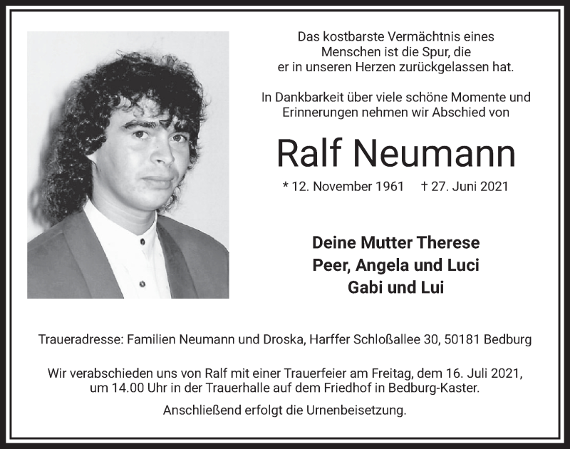  Traueranzeige für Ralf Neumann vom 09.07.2021 aus  Werbepost 