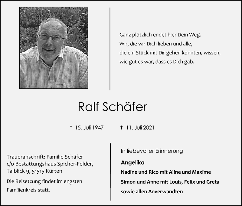  Traueranzeige für Ralf Schäfer vom 14.07.2021 aus Kölner Stadt-Anzeiger / Kölnische Rundschau / Express