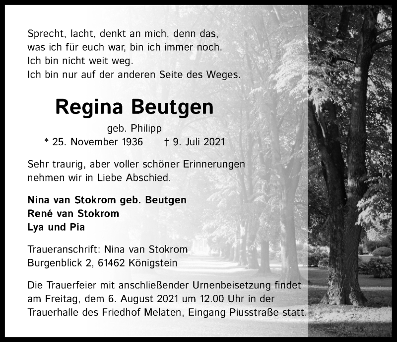  Traueranzeige für Regina Beutgen vom 31.07.2021 aus Kölner Stadt-Anzeiger / Kölnische Rundschau / Express