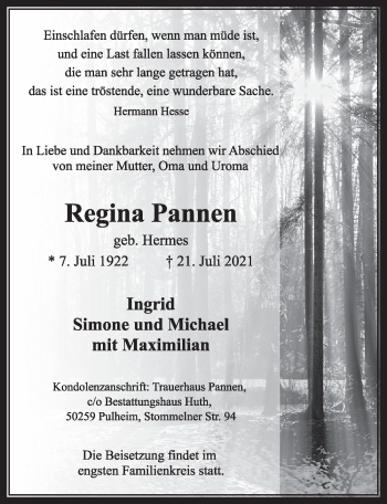 Anzeige von Regina Pannen von  Wochenende 