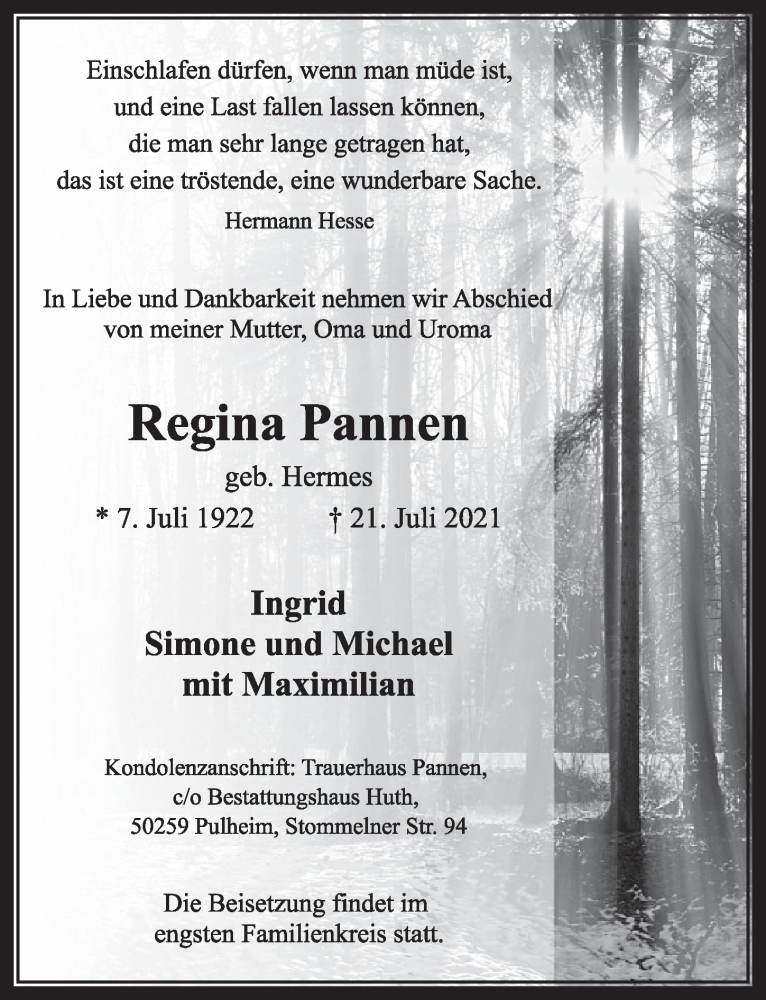  Traueranzeige für Regina Pannen vom 30.07.2021 aus  Wochenende 