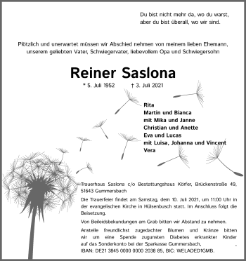 Anzeige von Reiner Saslona von Kölner Stadt-Anzeiger / Kölnische Rundschau / Express