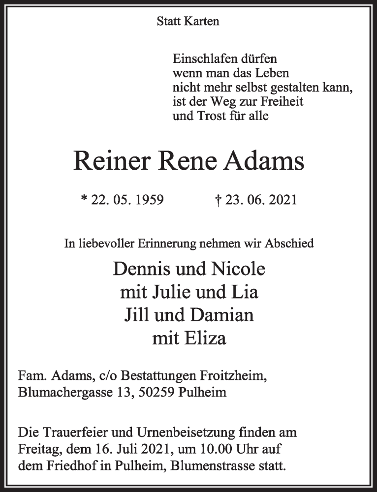  Traueranzeige für Reiner Rene Adams vom 09.07.2021 aus  Wochenende 