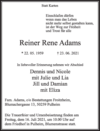 Anzeige von Reiner Rene Adams von  Wochenende 