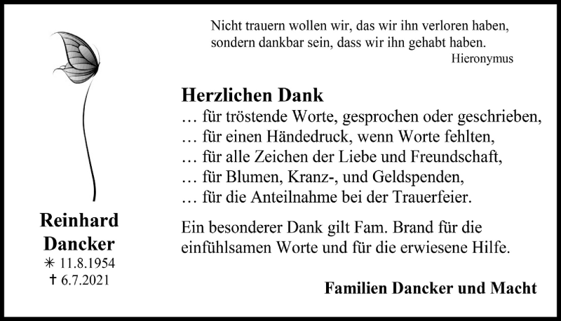  Traueranzeige für Reinhard Dancker vom 30.07.2021 aus  Anzeigen Echo 