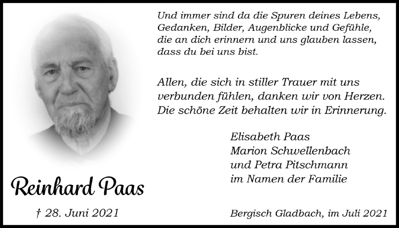  Traueranzeige für Reinhard Paas vom 23.07.2021 aus  Bergisches Handelsblatt 