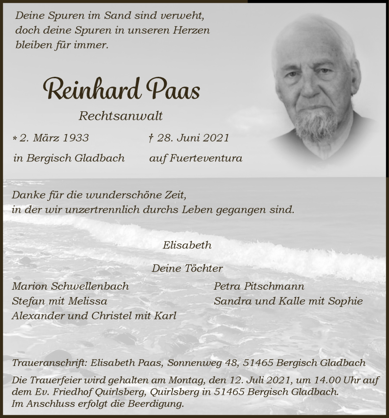  Traueranzeige für Reinhard Paas vom 09.07.2021 aus  Bergisches Handelsblatt 