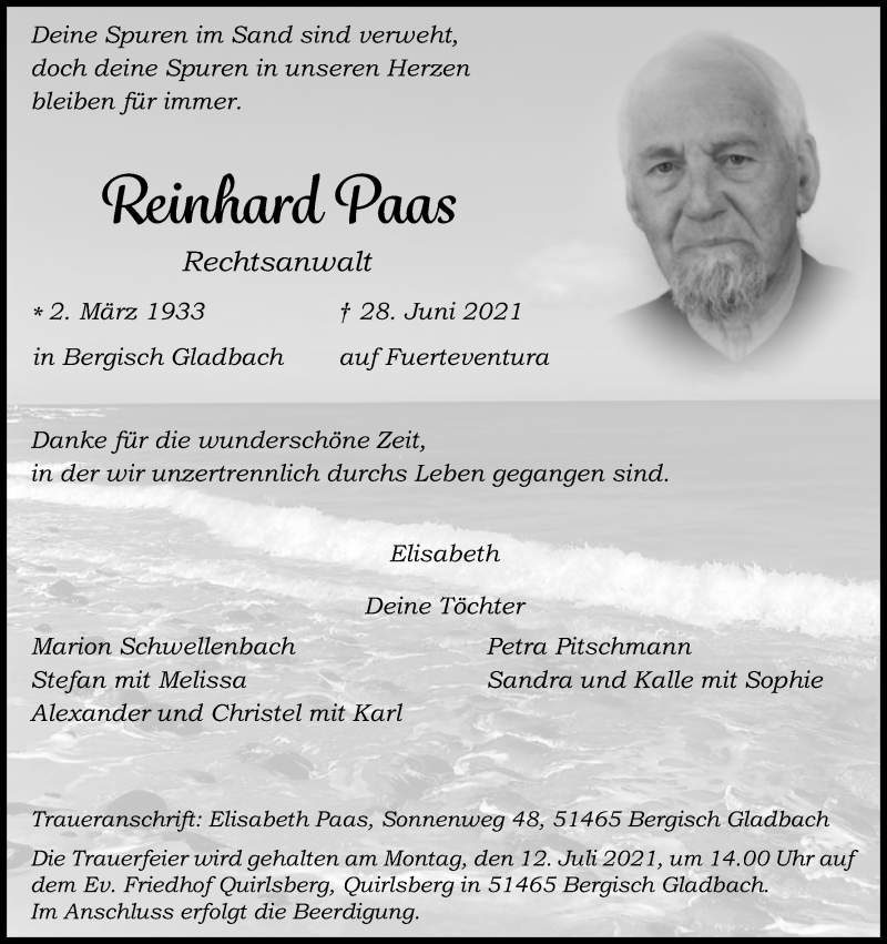  Traueranzeige für Reinhard Paas vom 10.07.2021 aus Kölner Stadt-Anzeiger / Kölnische Rundschau / Express