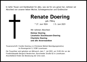Anzeige von Renate Doering von Kölner Stadt-Anzeiger / Kölnische Rundschau / Express