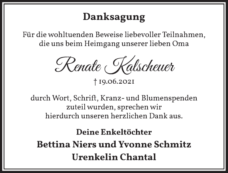  Traueranzeige für Renate Kalscheuer vom 16.07.2021 aus  Werbepost 