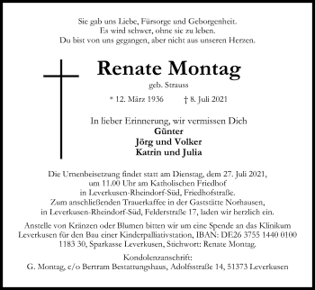Anzeige von Renate Montag von Kölner Stadt-Anzeiger / Kölnische Rundschau / Express