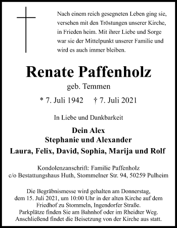 Anzeige von Renate Paffenholz von Kölner Stadt-Anzeiger / Kölnische Rundschau / Express