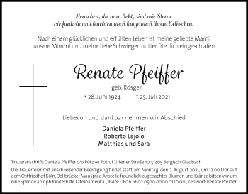 Anzeige von Renate Pfeiffer von Kölner Stadt-Anzeiger / Kölnische Rundschau / Express