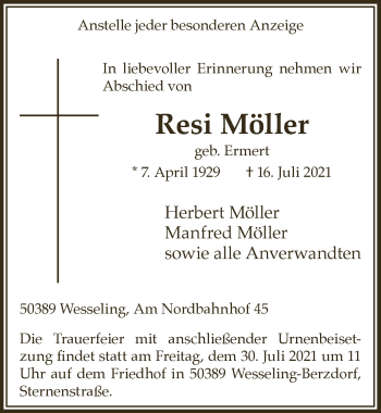 Anzeige von Resi Möller von  Schlossbote/Werbekurier 