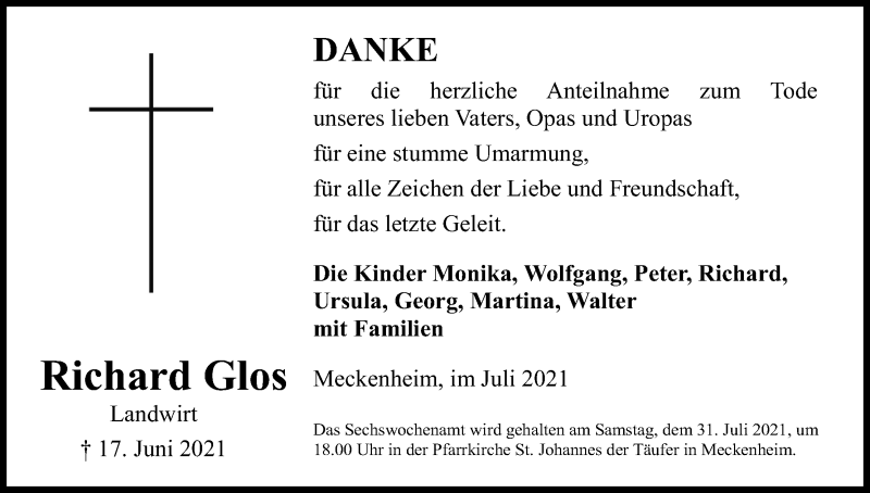  Traueranzeige für Richard Glos vom 17.07.2021 aus Kölner Stadt-Anzeiger / Kölnische Rundschau / Express