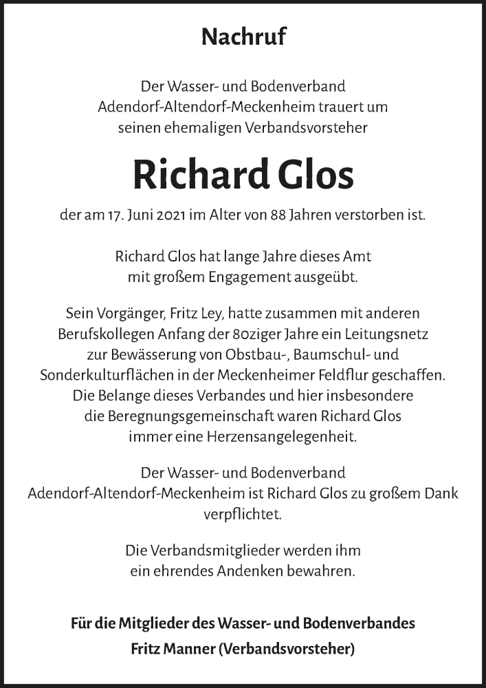  Traueranzeige für Richard Glos vom 30.07.2021 aus  Schaufenster/Blickpunkt 