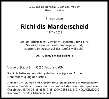 Anzeige von Richildis Manderscheid von Kölner Stadt-Anzeiger / Kölnische Rundschau / Express