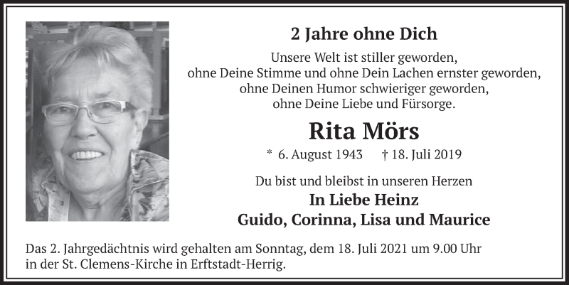  Traueranzeige für Rita Mörs vom 09.07.2021 aus  Werbepost 