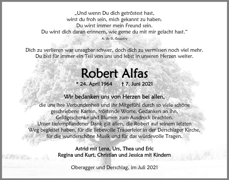  Traueranzeige für Robert Alfas vom 30.07.2021 aus  Anzeigen Echo 