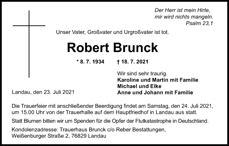  Traueranzeige für Robert Brunck vom 23.07.2021 aus Kölner Stadt-Anzeiger / Kölnische Rundschau / Express