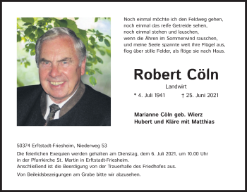 Anzeige von Robert Cöln von Kölner Stadt-Anzeiger / Kölnische Rundschau / Express