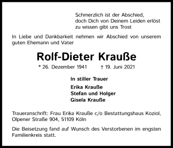 Anzeige von Rolf-Dieter Krauße von Kölner Stadt-Anzeiger / Kölnische Rundschau / Express