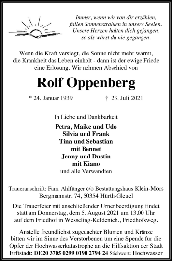 Anzeige von Rolf Oppenberg von  Schlossbote/Werbekurier 