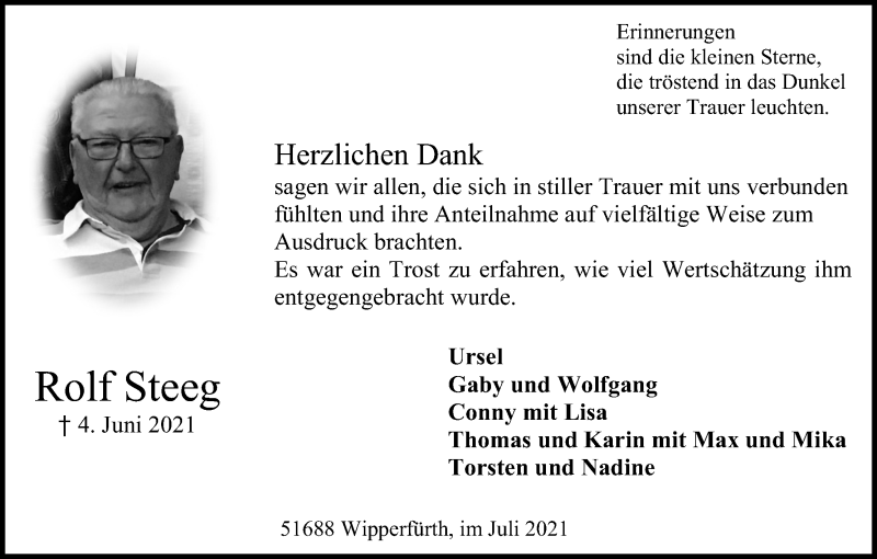  Traueranzeige für Rolf Steeg vom 24.07.2021 aus Kölner Stadt-Anzeiger / Kölnische Rundschau / Express