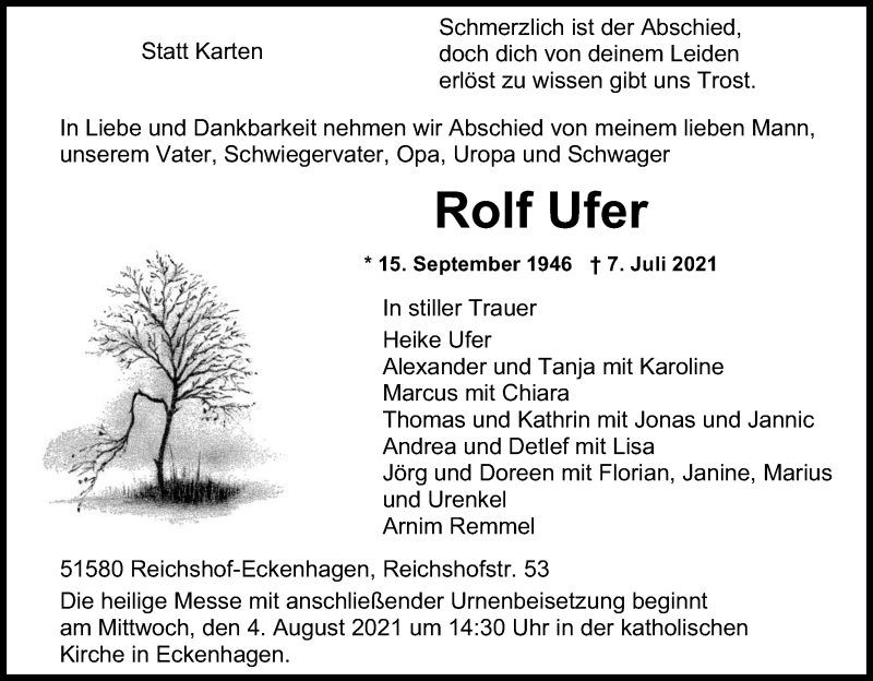  Traueranzeige für Rolf Ufer vom 10.07.2021 aus Kölner Stadt-Anzeiger / Kölnische Rundschau / Express