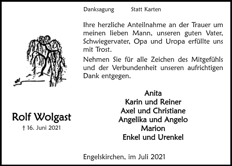  Traueranzeige für Rolf Wolgast vom 30.07.2021 aus  Anzeigen Echo 