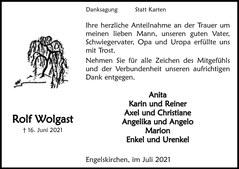  Traueranzeige für Rolf Wolgast vom 31.07.2021 aus Kölner Stadt-Anzeiger / Kölnische Rundschau / Express