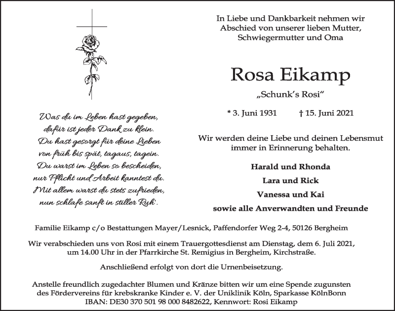  Traueranzeige für Rosa Eikamp vom 02.07.2021 aus  Werbepost 