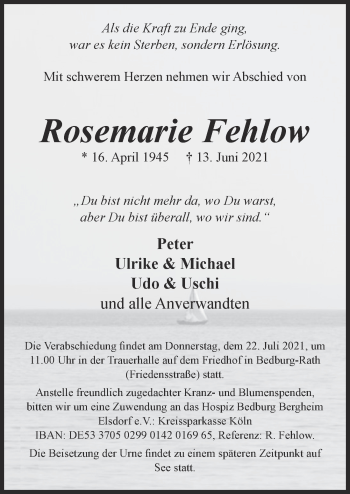 Anzeige von Rosemarie Fehlow von  Werbepost 