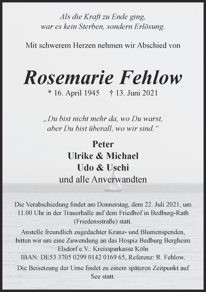  Traueranzeige für Rosemarie Fehlow vom 02.07.2021 aus  Werbepost 